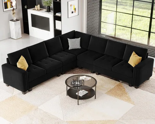Vista 3 de Belffin Sofá modular de terciopelo en forma de L, sofá seccional convertible de gran tamaño con diván reversible para sala de estar, color negro