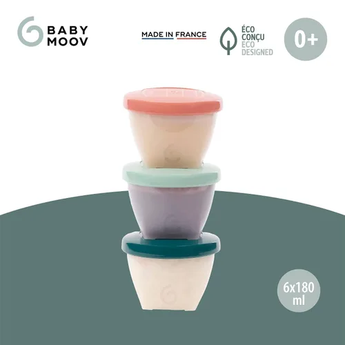 Vista 3 de Babymoov Tarros de comida ecológicos para bebés, juego de 6 (6 onzas cada uno), recipientes de almacenamiento sin BPA, hechos de caña de azúcar