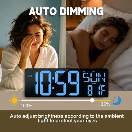 Vista 5 de Reloj de pared digital con pantalla grande: reloj digital LED de 16.5 pulgadas con control remoto, fecha, semana, DST automático, brillo ajustable