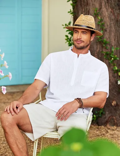 Vista 7 de COOFANDY - Camisetas henley de algodón y lino para hombre, manga corta, con bolsillo, de estilo hippie, informal, para la playa