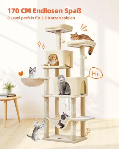Vista 8 de Taoqimiao Árbol para gatos, torre para gatos de 66.2 pulgadas para gatos de interior, condominio para gatos de varios niveles de felpa con 7 postes
