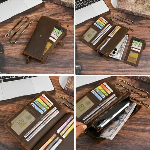Vista 79 de Genuino Caballo Loco Cuero Regalo de Viaje Moneda Bolsillo Tarjetero Organizador Largo Cadena Rfid Cartera Monedero Con Broche Para Hombres Hombres