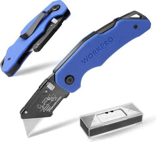 Vista 11 de WORKPRO Cuchillo utilitario plegable con cabeza de acero inoxidable, hoja de cambio rápido y bloqueo trasero, mango de madera resistente, 1 cuchillo