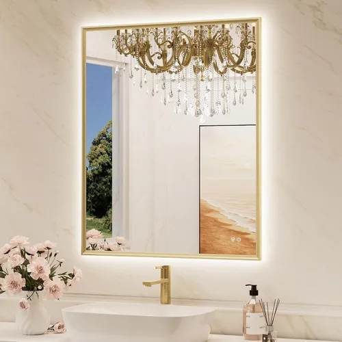 Vista 10 de TokeShimi Espejo de baño con marco negro de 40 x 30 pulgadas con luces delanteras y retroiluminación de aleación de aluminio rectangular, borde