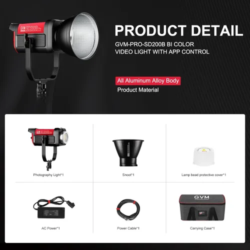 Vista 8 de GVM 200W Luz de Vídeo LED, Kit de Iluminación para Fotografía PRO SD200B con Red Mesh Bluetooth/Control DMX, Luz de Estudio de Iluminación Continua