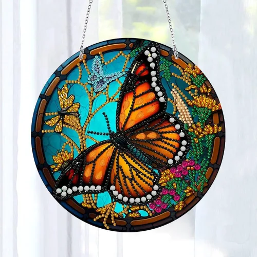 Vista 2 de LUSandy Kit de pintura de diamante de mariposa 5D para bricolaje, letrero de arte de pared, diseño de mariposa, diamante, atrapasoles, adorno