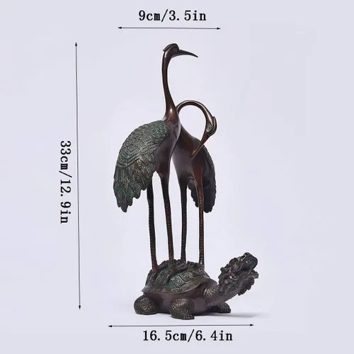 Vista 2 de Feng Chino Shui Estatua Escultura Cobre Puro Grúa Doble Felicidad Decoración Grúa Año Tortuga Sala de estar Ancianos Escritorio Decoración Regalo