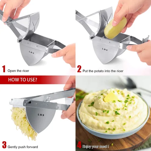 Vista 8 de LHS Ricer y triturador de papas de acero inoxidable, triturador de alimentos comercial resistente, agarre ergonómico cómodo, capacidad extragrande