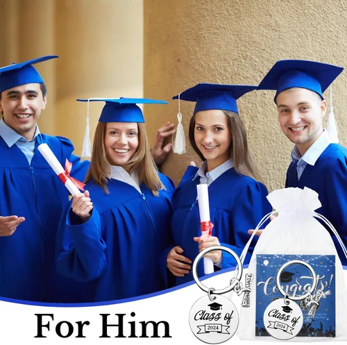 Vista 5 de Juego de 36 llaveros de graduación de clase 2024 con bolsa de organza, tarjeta de felicitaciones para él, regalos de graduación