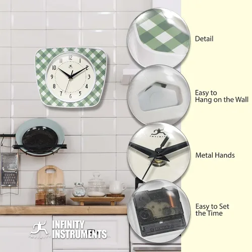 Vista 6 de Infinity Instruments LTD. Reloj de pared trapecio a cuadros, verde, 9.25" x 10.875