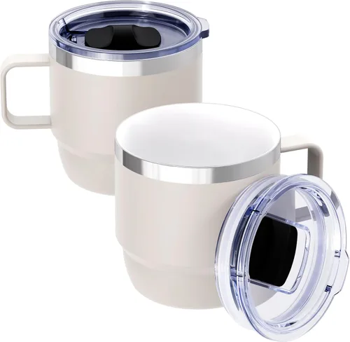 Vista 12 de Taza de café pequeña de 8 onzas con tapa deslizante magnética y asa, acero inoxidable 18/8 con forro de cerámica, doble pared aislada al vacío