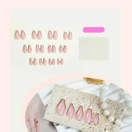 Vista 2 de NBNTGH Uñas postizas a presión de punta francesa blanca, uñas postizas de línea dorada, uñas postizas medianas con diseño de almendra, uñas postizas