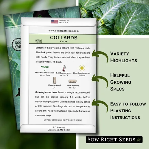 Vista 2 de Sow Right Seeds - Semillas de col de Vates para plantar - Paquete de reliquia sin OMG con instrucciones para plantar un huerto casero - Verduras