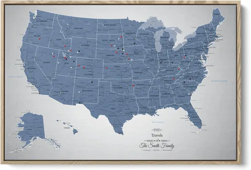Vista 12 de Blue USA Map Poster with Pins – Cool Tone Personalized United States Travel Map Canvas – Large 24" x 36