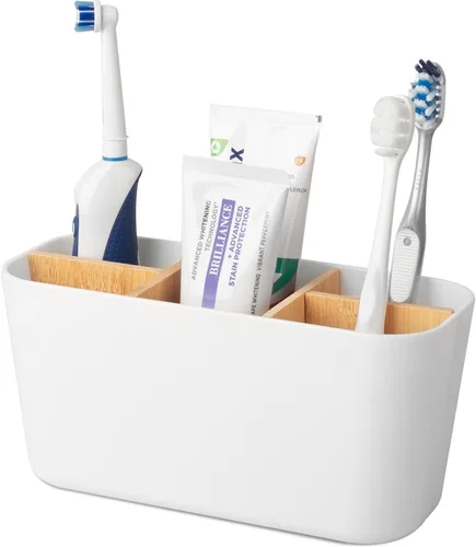 Vista 6 de Portacepillos de dientes para baños, soporte para cepillos de dientes de bambú con 5 ranuras, organizador de tocador de baño para encimera