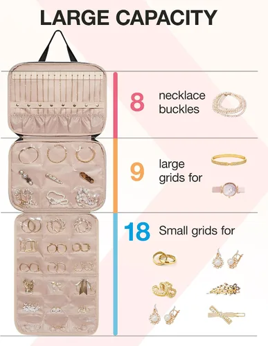Vista 5 de BAGSMART Estuche organizador de viaje de joyería, bolsa de joyería colgante para viajes con bolsillos, rollo de joyería de gran capacidad