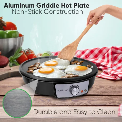 Vista 8 de NutriChef Plancha eléctrica y crepé Placa de cocina antiadherente de 12 pulgadas Control de temperatura ajustable Esparcidor de masa