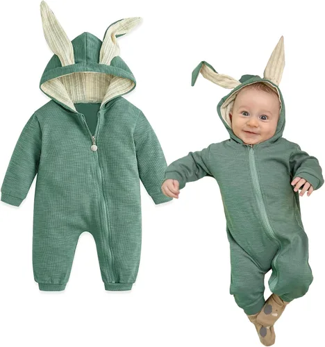Vista 41 de Simplee Kids Enterizo con diseño de conejo de Pascua con capucha, para bebé, overol con cremallera y orejas largas