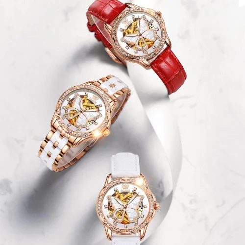 Vista 7 de OLEVS Reloj mecánico automático para mujer, correa de cuero, cuerda automática, reloj de pulsera para mujer, esfera de corazón de diamante