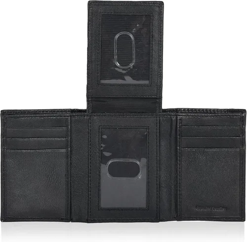 Vista 42 de Cartera de cuero RFID hecha a mano para hombres, elegante cartera de bolsillo frontal triple con 2 ranuras para identificación y 9 tarjetas, Negro