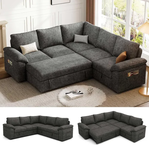 Vista 13 de Sofá Seccional Modular de 85 Pulgadas con Cama Extraíble, Sofá Cama Seccional en Forma de L de 5 Asientos con Almacenamiento, Sofás Seccionales