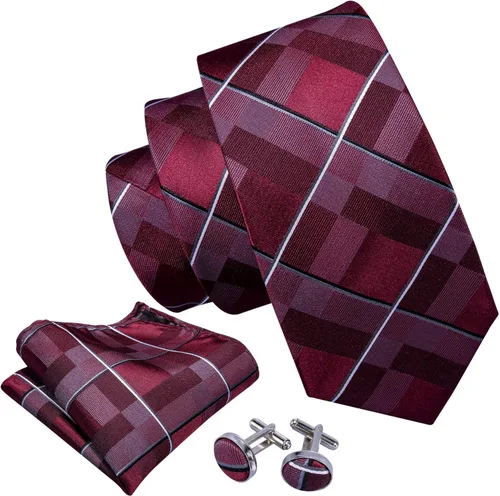 Vista 2 de Barry.Wang Juego de corbatas a cuadros para hombre con pañuelo gemelos de rayas clásicas