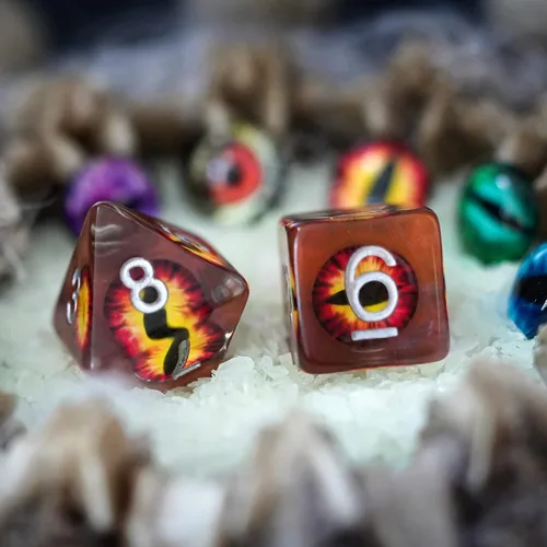 Vista 5 de Cusdie Dados DND de 7 troqueles, juego de dados poliédricos rellenos de globo ocular, para juegos de rol, dados D&D (globo ocular marrón)