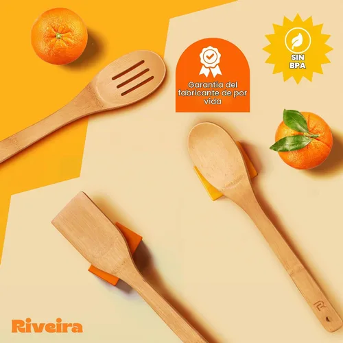 Vista 6 de Riveira Cucharas de madera de bambú para cocinar, 3 piezas, espátula de madera esencial para apartamento, cuchara antiadherente, juego de utensilios