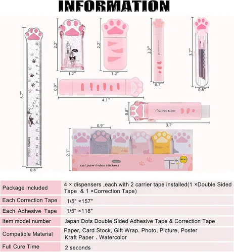 Vista 6 de Bonitos suministros escolares rosados, juego de papelería kawaii, regalos de cumpleaños de papelería japonesa, incluye sacapuntas, borrador, cinta