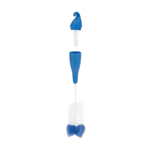 Vista 5 de Nuby Cepillo para biberones y pezones con cerdas y punta de esponja Paquete de 3: aguamarina, azul, verde Mango colgante con gancho para secar
