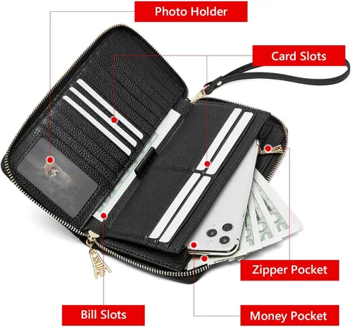 Vista 3 de FOXLOVER Carteras de cuero genuino para mujer carteras de embrague con cremallera RFID con pulsera