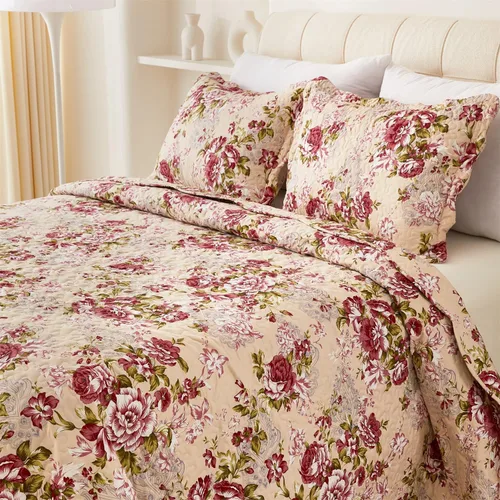 Vista 13 de Cmfshape - Juego de cama con edredón acolchado floral de verano tamaño king, juego de colcha rosa romántico, cubrecama reversible cosido para todas