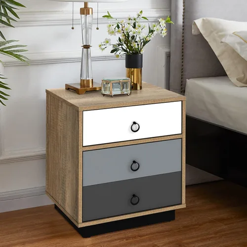 Vista 5 de Giantex Mesita de noche, mesa auxiliar con cajón y armario de almacenamiento, mesita de noche con gran capacidad, mesa auxiliar con asas anulares
