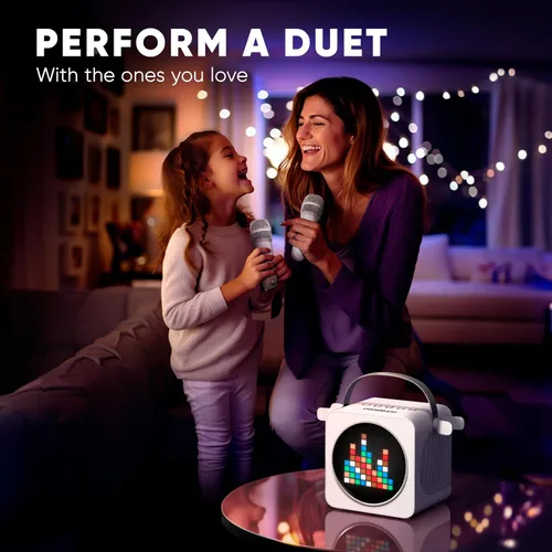 Vista 4 de MASINGO Mini máquina de karaoke portátil para niños y adultos con micrófonos Bluetooth inalámbricos duales, pantalla LED animada, USB/Aux/MicroSD