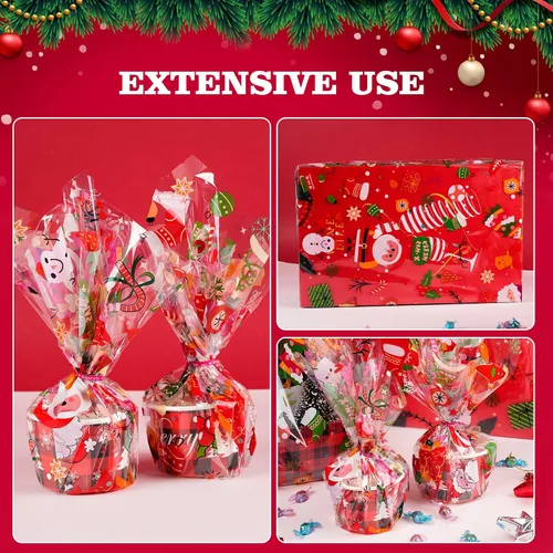 Vista 5 de Rollo de Envoltura de Celofán de Navidad de 100 Pies x 32 Pulgadas, Bolsas de Celofán de Navidad, Envoltura de Celofán de Navidad con Papá Noel