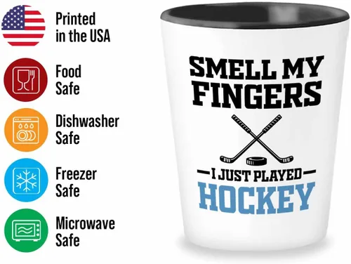 Vista 3 de Vaso de chupito de hockey de 1.5 oz – Smell My Fingers – Cita divertida y divertida para jugadores de hockey sobre hielo, entrenador, aficionado al