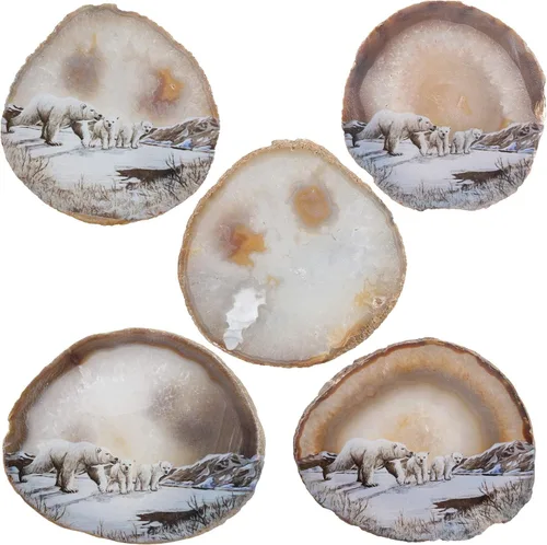 Vista 3 de Rockcloud Osos polares ágata losa exhibición con soporte de madera forma irregular Aagte Slice Stone Home Office Desk Ornamento