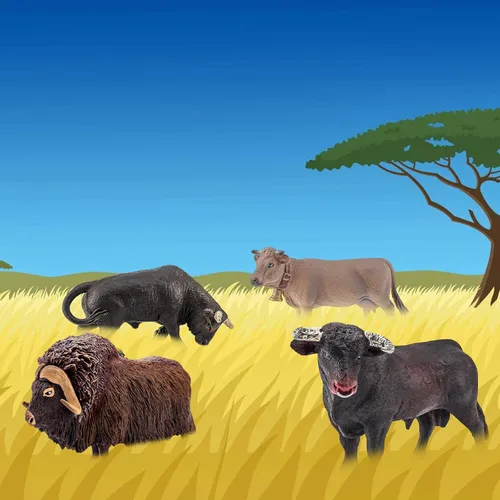 Vista 7 de LC JoyCre Figuras de vacas de juguete de toros, 4 piezas, figuras realistas de vaca suiza, juguetes para niños pequeños, toro africano, almizcle
