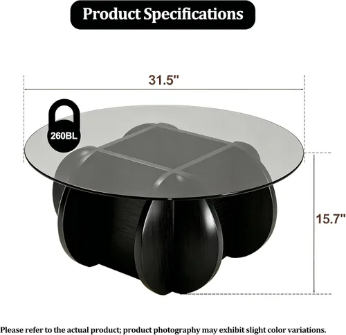 Vista 2 de Mesa de centro negra, mesa de centro redonda de vidrio de 31.5 pulgadas para sala de estar, mesa de centro moderna de mediados de siglo, mesa