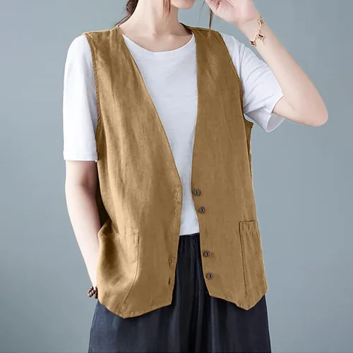 Vista 25 de COTECRAM Chaleco de lino de algodón para mujer, casual, sin mangas, con botones, ligero, para verano, holgado, ropa de abrigo