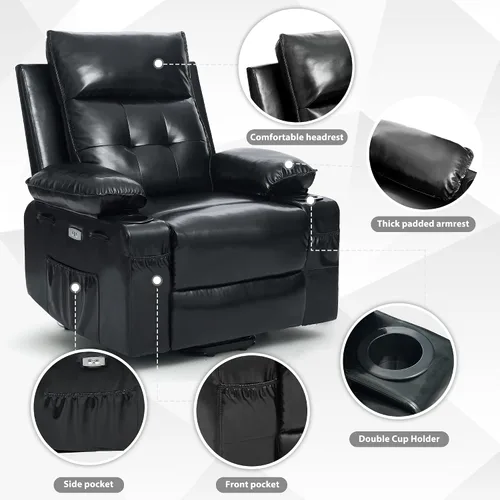 Vista 6 de Silla reclinable eléctrica para personas mayores con masaje y calor, piel sintética, reclinable eléctrico con puertos USB, portavasos, bolsillos