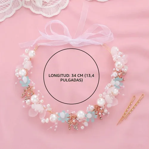 Vista 5 de Campsis Diadema para niñas con perlas y flores, diadema de boda de cristal azul, accesorios para el cabello para niñas