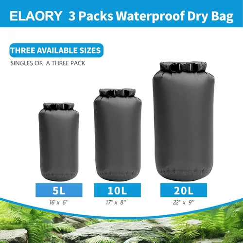 Vista 2 de Bolsas secas impermeables, paquete de 3 (5 L, 10 L, 20 litros), bolsas de almacenamiento ligeras e impermeables para viajes, canotaje, pesca