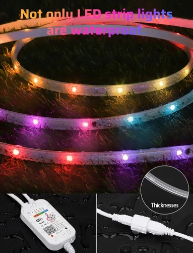 Vista 4 de Tira de luces LED RGB+IC de 50 pies para exteriores, impermeable, IP67, varios colores, luces LED inteligentes Bluetooth, control de aplicación
