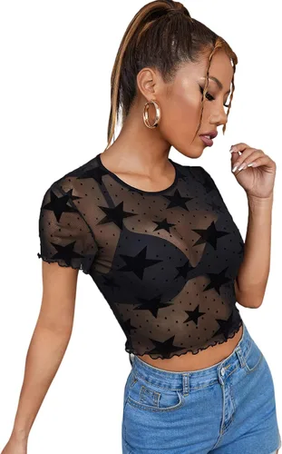 Vista 3 de SheIn Camiseta de manga corta con estampado de malla transparente para mujer