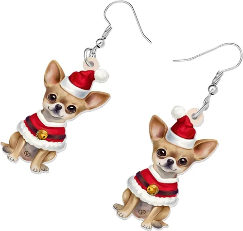 Vista 3 de Newei - Pendientes colgantes de Navidad con diseño de perro, joyería para regalos para mujeres y niñas Chihuahua E