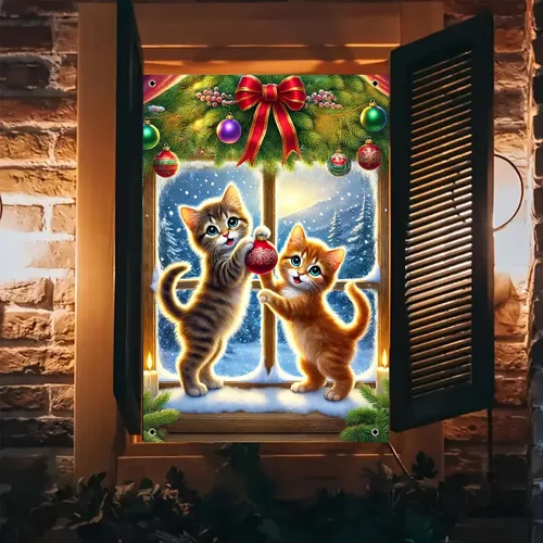 Vista 11 de BlissYard Cubierta de ventana de Navidad de 31 x 47 pulgadas, Papá Noel y reno, escena de nieve de invierno, decoración de vacaciones, fondo festivo
