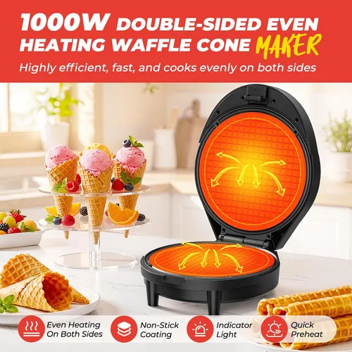 Vista 2 de Máquina para hacer gofres y hacer conos de helado con rodillo de cono, 1000 W de doble cara con calefacción uniforme para hacer gofres finos, hace