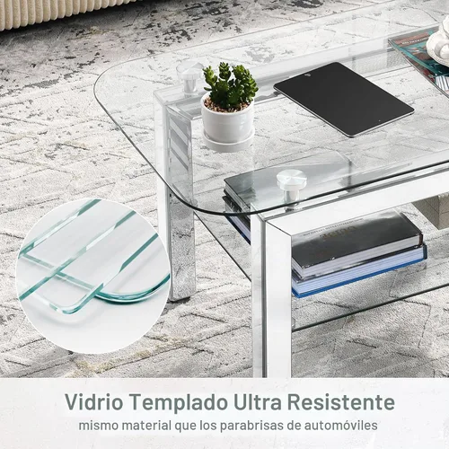 Vista 6 de Mesa auxiliar rectangular con parte superior de vidrio con patas de espejo plateadas para sala de estar, moderna y glamorosa mesa de vidrio templado