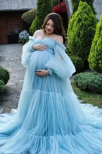 Vista 2 de Vestido de maternidad de tul para sesión de fotos, vestidos de maternidad de verano con hombros descubiertos para baby shower, vestidos de embarazo